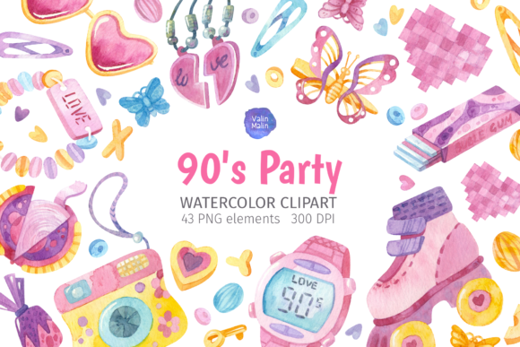 90s Theme Watercolor Clipart: A Versatile Graphic Design Asset for Crafters