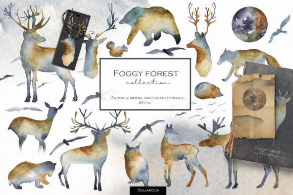 Foggy Forest. Watercolor Animals.