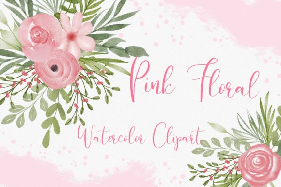 Pink Floral Watercolor Clipart for Commercial Design Use