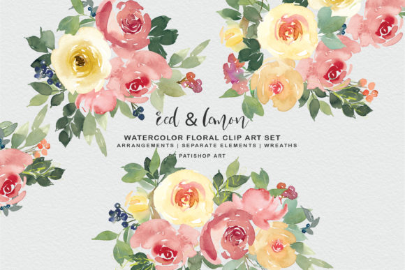 Red and Lemon Watercolor Bouquet Clipart for Embroidery Projects