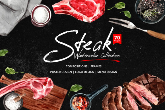 Steak Food Dinner Watercolor Illustrations for Professional Projects