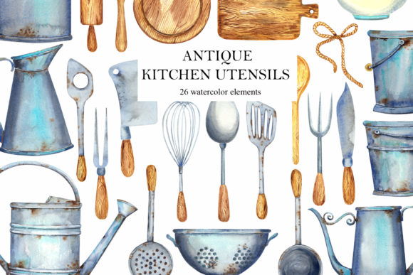 Watercolor Antique Kitchen Utensils: A Timeless Illustration for Content Creators