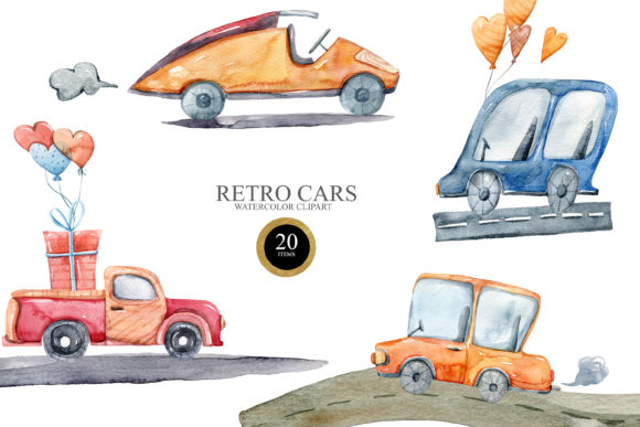 Watercolor Cute Cars Clipart: Transport Illustrations for Charming Branding