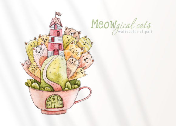 Watercolor Cute Cartoon Cats Clipart: A Versatile Illustration for Branding