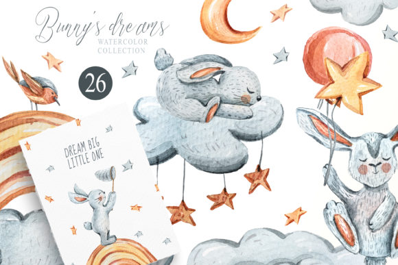 Watercolor Cute Sleeping Bunny Clipart for Editorial and Web Design