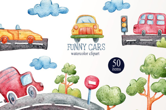Watercolor Funny Cars Clipart Collection Review for Embroidery Projects