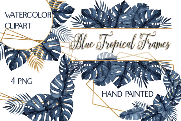 Watercolor Tropical Gold Frames Clipart for Commercial Illustrations